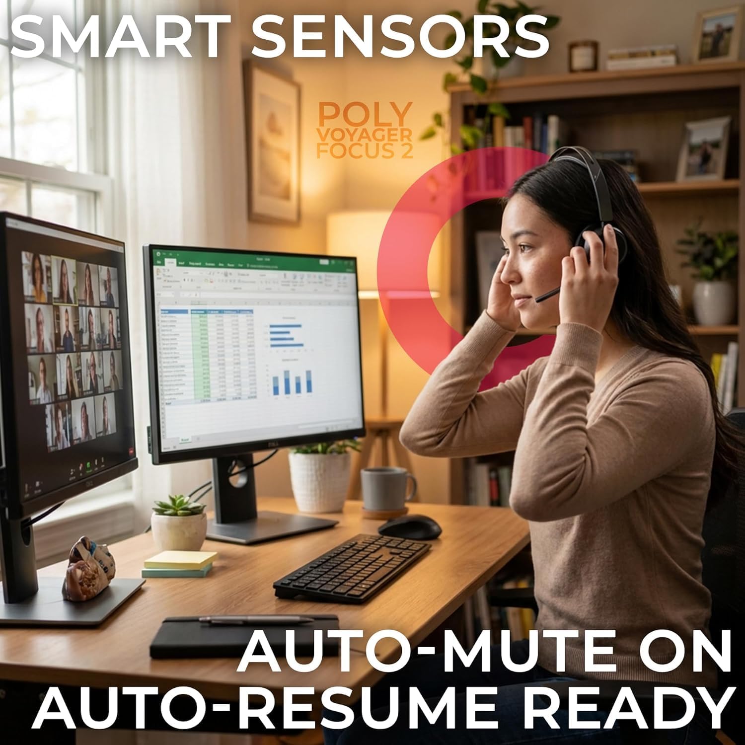 Poly Plantronics Voyager Focus 2 MS, Stereo Bluetooth Headset, USB-C for Teams, Connects to Laptop and Smartphone - Works with Zoom, RingCentral, 8x8, Vonage - w/USB C/A Adapter and GTW Cloth