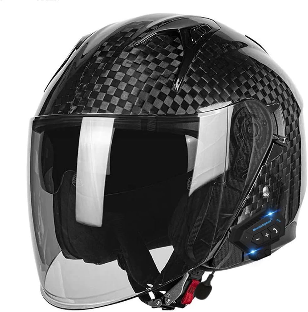 3/4 Open Face Carbon Fiber Helmets for Men Women Bluetooth Motorcycle Helmet with Dual Visors DOT Approved Motorbike Half Face Helmet for ATV Dirt Bike Cruiser Chopper Moped Scooter
