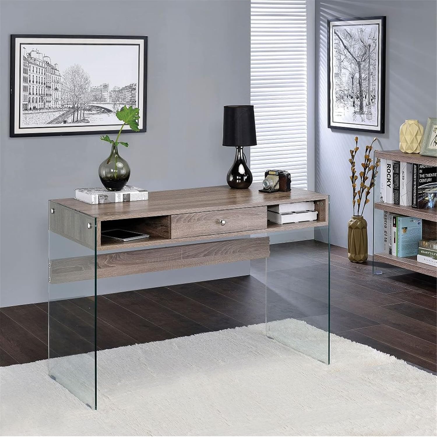 Home Office Sets,Modern Computer Desk Workstation Bookcase Bookshelf Writing Desk for Home Office Study Room (Gray Oak & Clear Glass Desk) (Gray Oak & Clear Glass Desk)