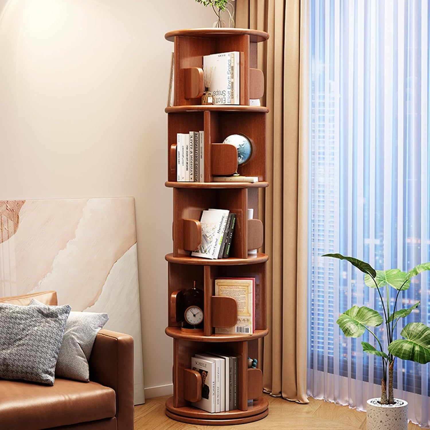 Oipari 360° Rotating Bookshelf Tower, 360° Revolving Bookcase, Round Display Storage Rack, Wood Floor Standing Book Shelf with Bookends, for Small Space, Bedroom (Walnut, 5 Tier 15.7x15.7x63.3in)