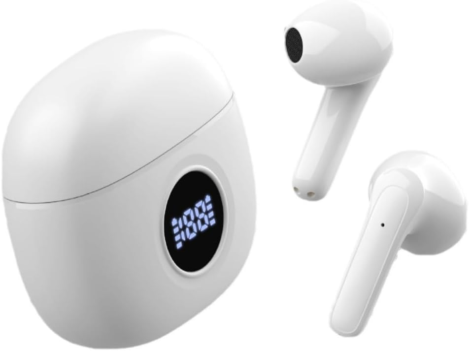 Wireless in-Ear Headphones Bluetooth Earbuds Wireless Stereo Noise Cancelling Headphones with LED Charging Case 70H Playtime Stereo Bass Ear Buds for Smart Phone Laptop Computer Sports White