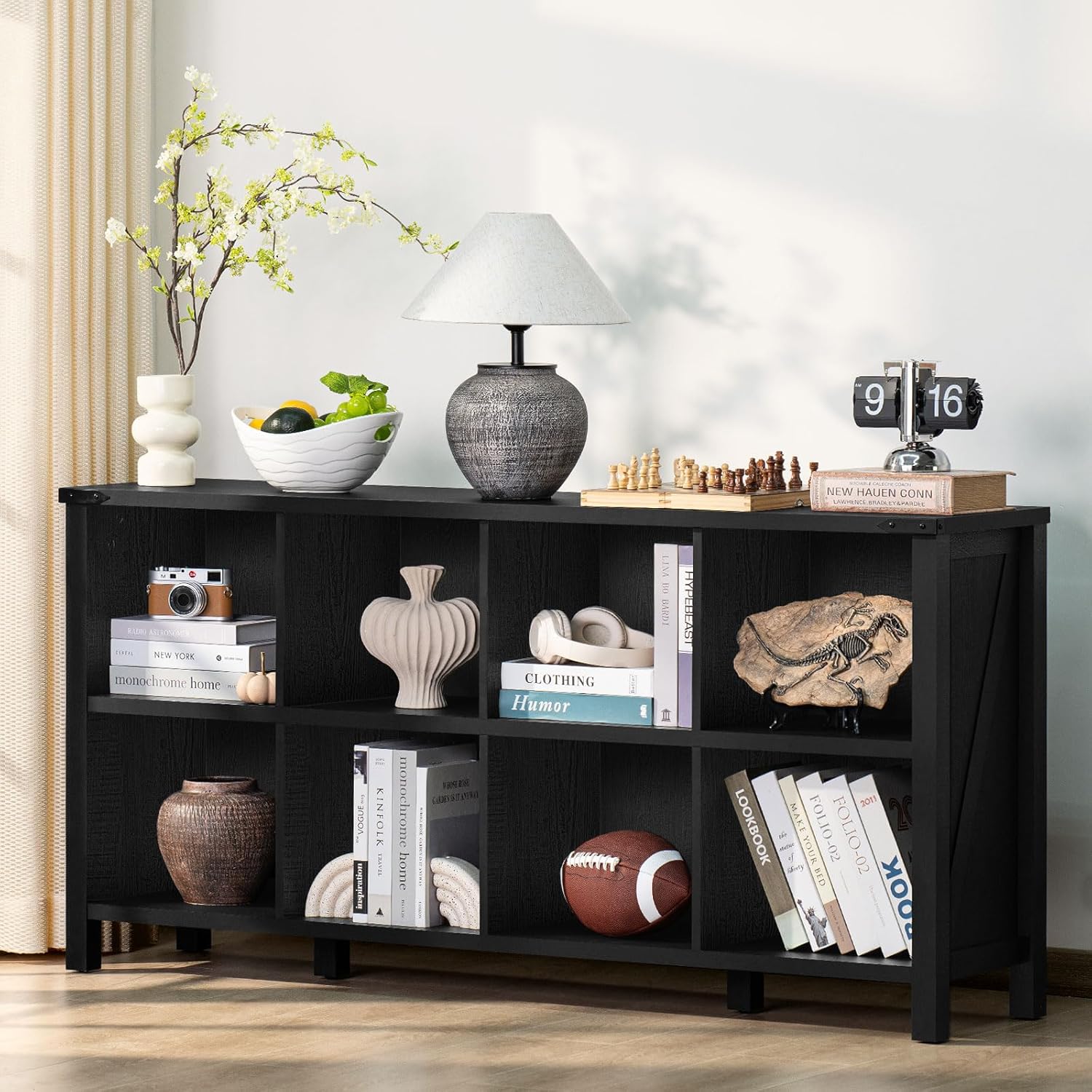 Joaxswe 8 Cube Book Shelf, Farmhouse Wood Long Storage Organizer Bookcase, 62