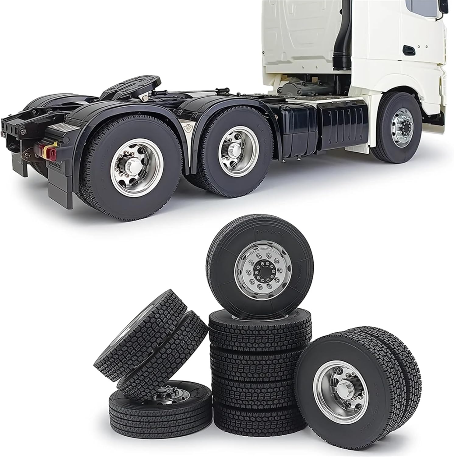 For Tamiya 6x6 1/14 6Pcs Metal Front Rear Wheel Rims And Rubber Tyre RC Truck Tractor Car Complete Set Models