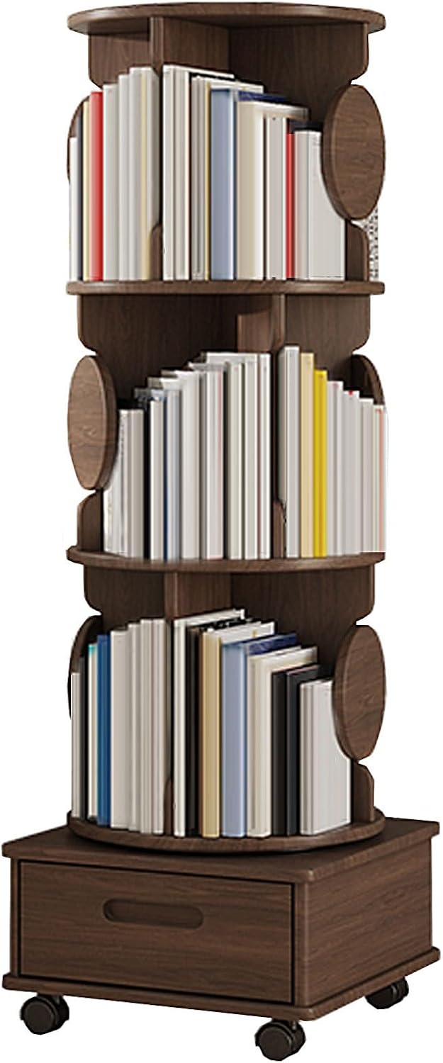Small Bookshelf with Storage Drawer for Small Spaces Corner Rotating Bookshelf 360 Display 2-4 Tier Revolving Bookcase with Brake Wheels for Bedroom Living Room Study Room ( Color : Walnut , Size : Fo