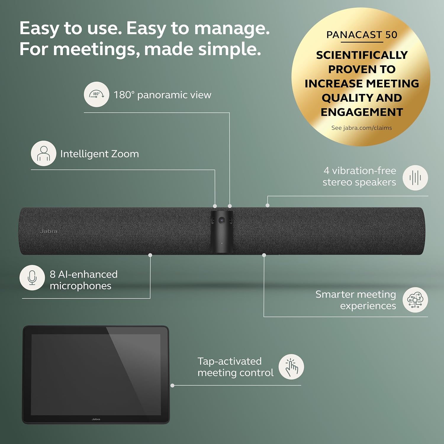 Jabra PanaCast 50 Video Bar System - All-in-one Meeting Room Solution, Audio bar, 180° Full-Room Webcam, Intelligent AI-Enabled Features, and PanaCast Control Touchscreen - All Platforms - Black