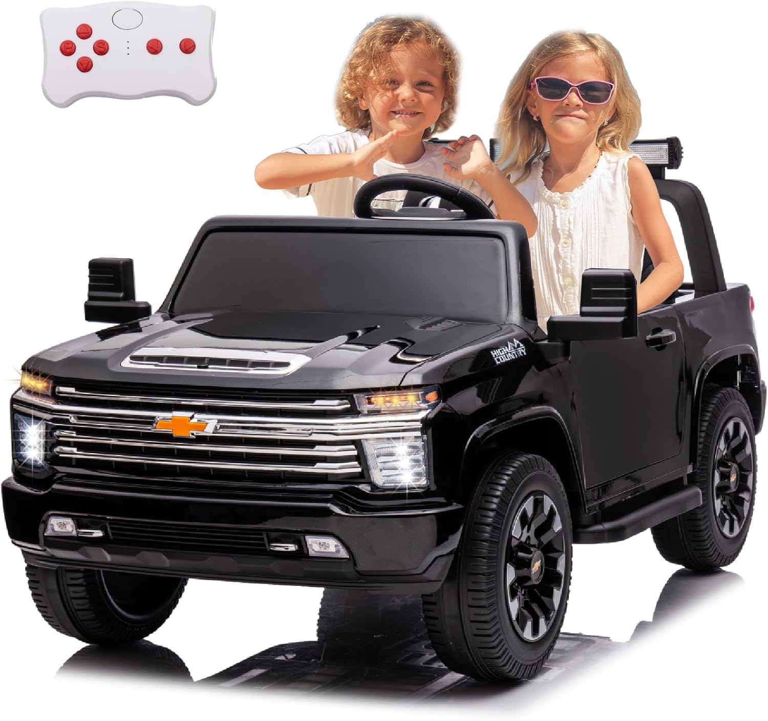 24V 4WD Ride on Toy, 2 Seater Licensed Chevrolet Silverado HD with Remote Control, Battery Powered Kids Electric Ride on Truck for Boys Girls with Music, Bluetooth for Outdoor, Grass, Black