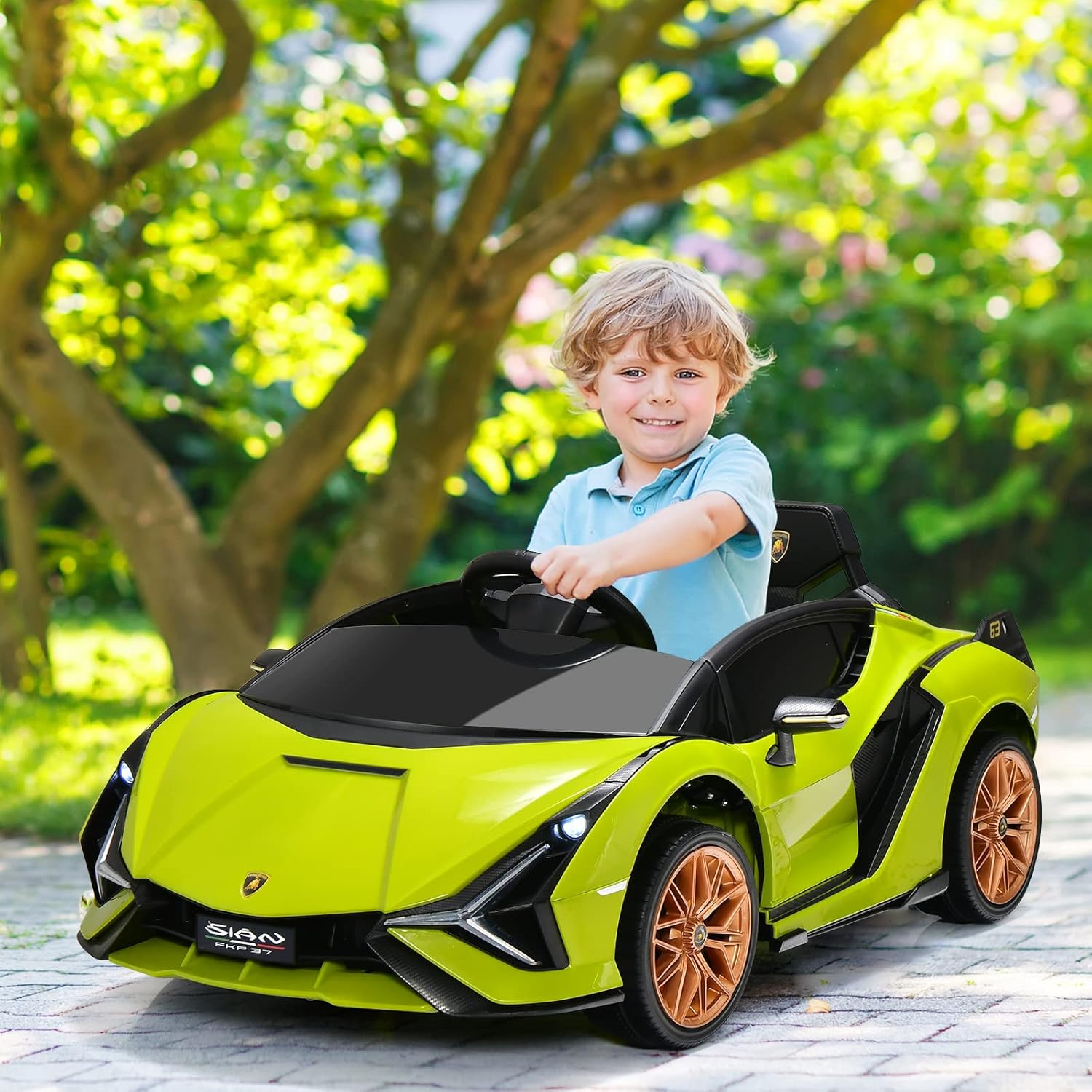 OLAKIDS Kids 12V Licensed Lamborghini SIAN Ride On Car, Electric Vehicle for Toddler with Control Remote, Battery Powered Toy with Music, Horn, 2 Speeds, Suspension, LED Lights, Bluetooth, USB (Green)