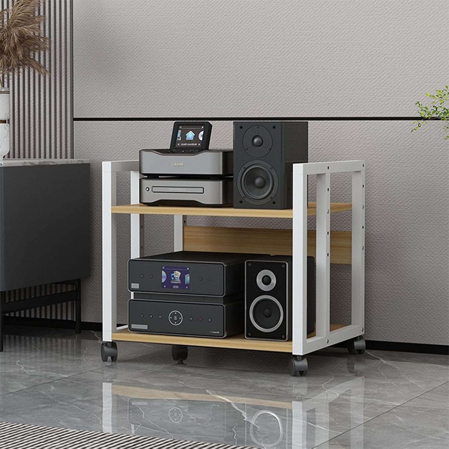 2 Tier Multifunction Storage Shelf Home Furniture Audio Stand DVD CD Players Rack Theater Media Stand Cabinet Floor-Standing Storage Cart with Wheels 504048.5cm