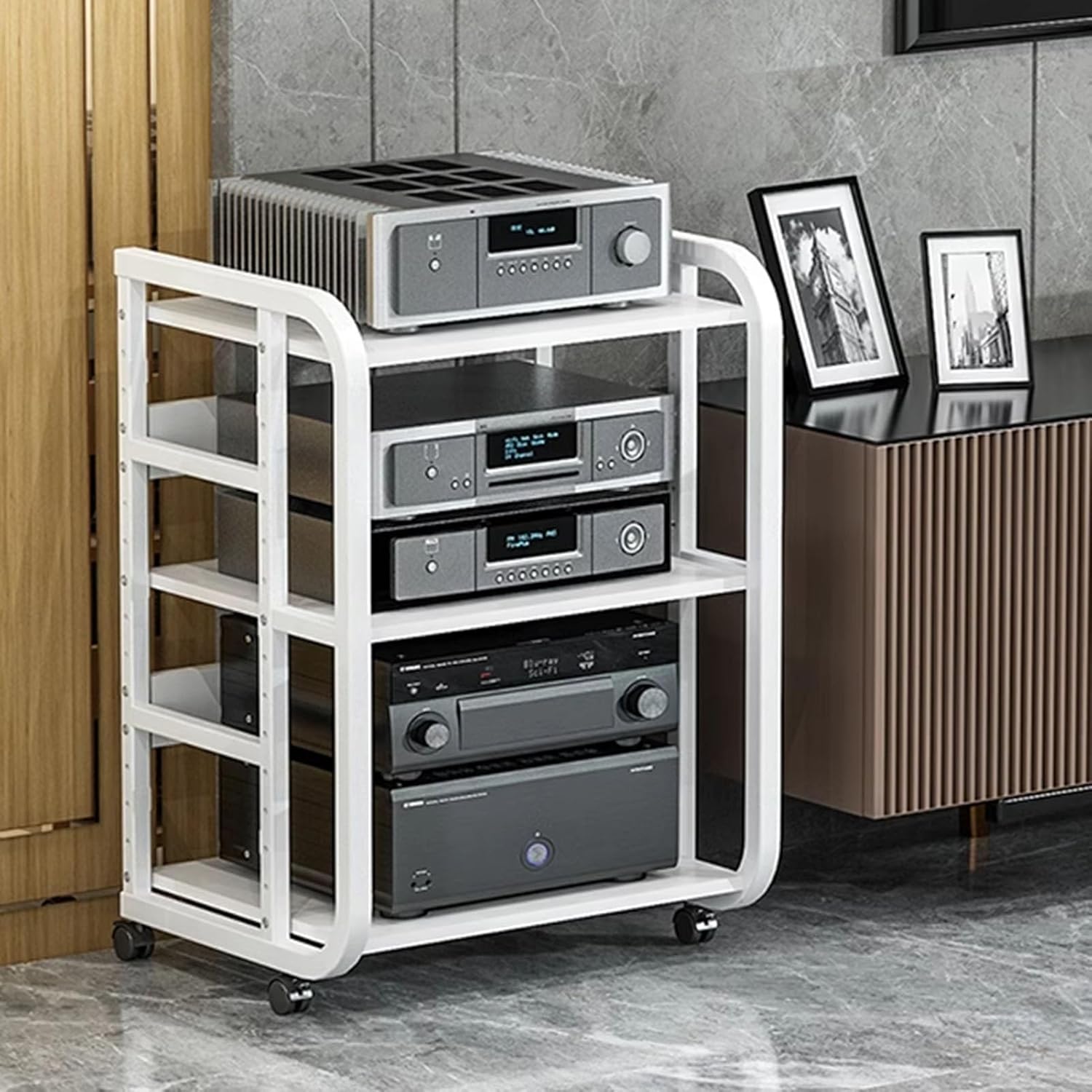 3 Tier AV Media Stand CD Player Stand Audio Rack Tower Stereo Component Cabinet Movable Power Shelf AV Cart with Height Adjustable Wooden Shelf for Home/Office/Theater (Color : B)