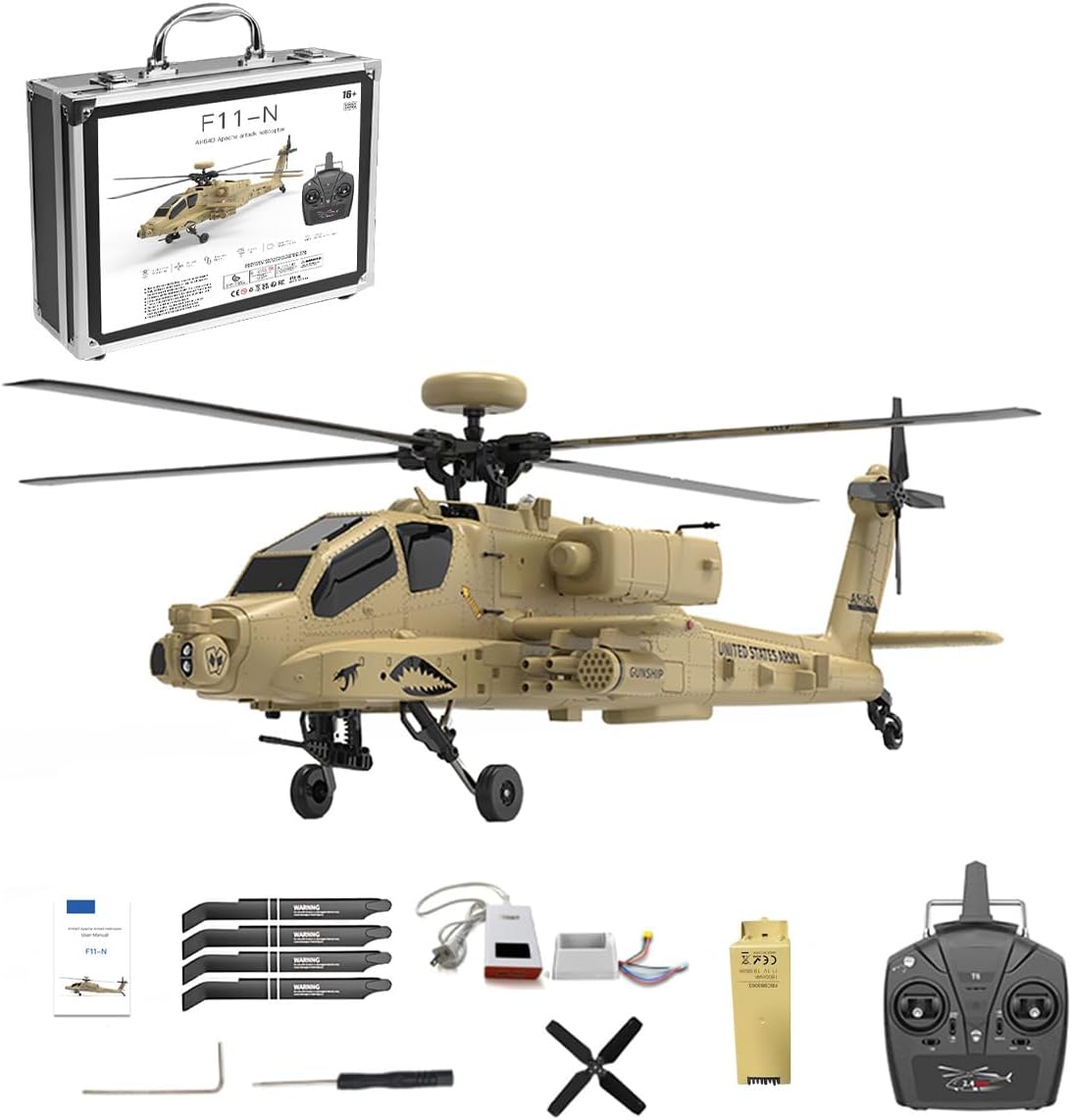 WOLFBUSH F11-N AH64 1/32 RC Helicopter, 2.4G 6CH Coaxial Dual Rotor 6G/3D Remote Control Helicopter Aircraft with Optical Flow Altitude Hold, Gift for Enthusiasts -RTF