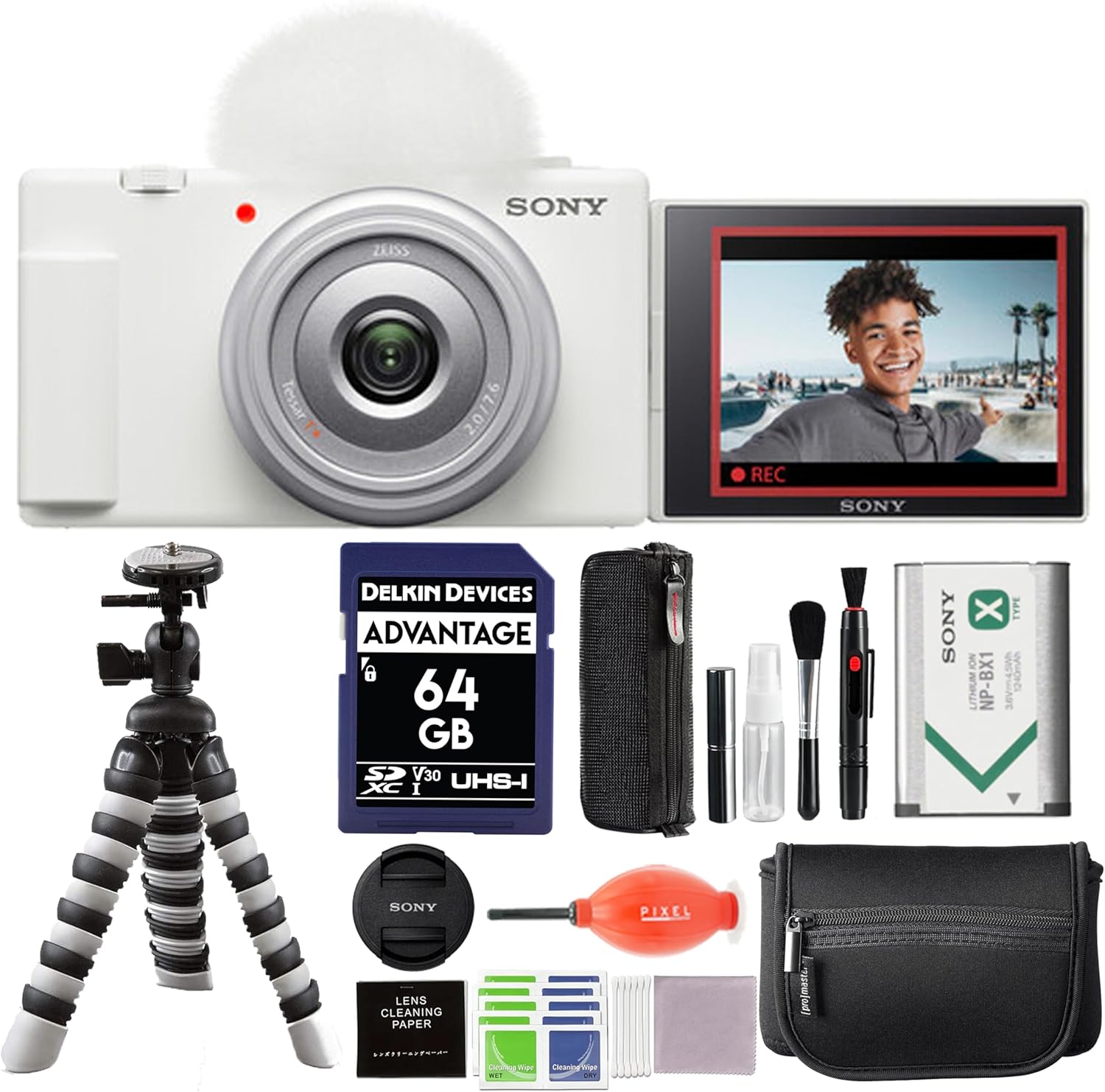 Sony ZV-1F Vlogging Camera (White) with Advanced Accessory and Travel Bundle