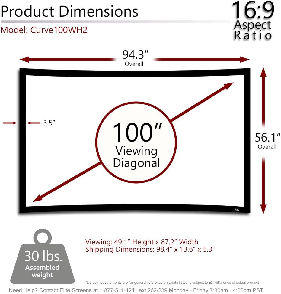 Elite Screens Lunette 2 Series, 100-inch Diagonal 16:9, Curved Home Theater Fixed Frame Projector Screen, CURVE100WH2, cinewhite