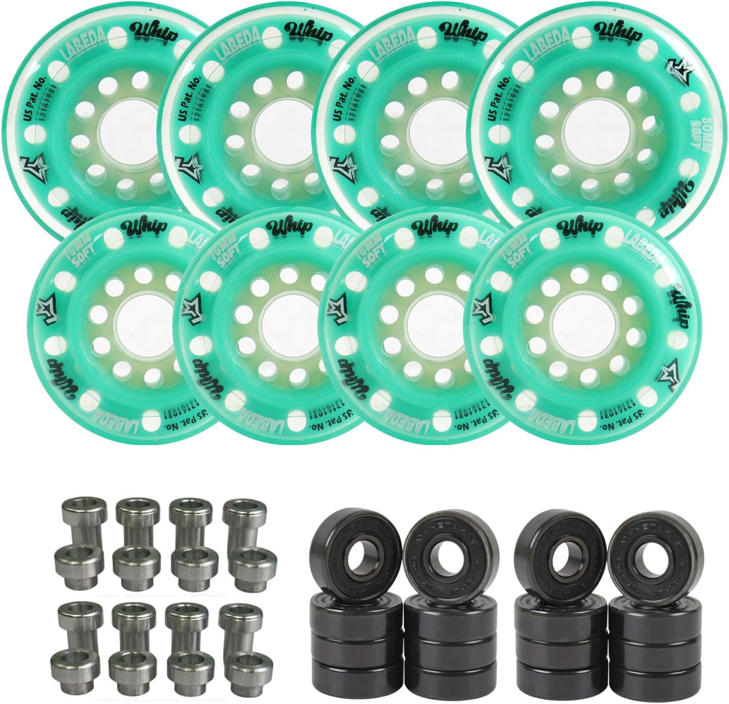 Labeda Whips Roller Hockey Wheels - Pink 8-Pack - Soft - Choose Size Size - Includes Evo Spacers and Amp Hybrid Ceramic Bearings