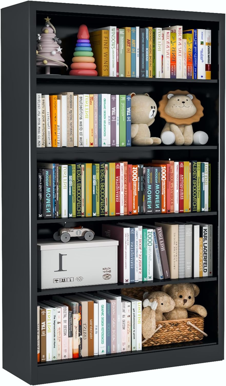 VASAAOSD Black Bookshelf, 55” Adjustable Tall Metal Bookshelf, 5-Tier Toy Storage Organizer with Anti-Tilt Device, Modern Book Cases and Book Shelves for Bedroom, Playroom, Classroom, Study