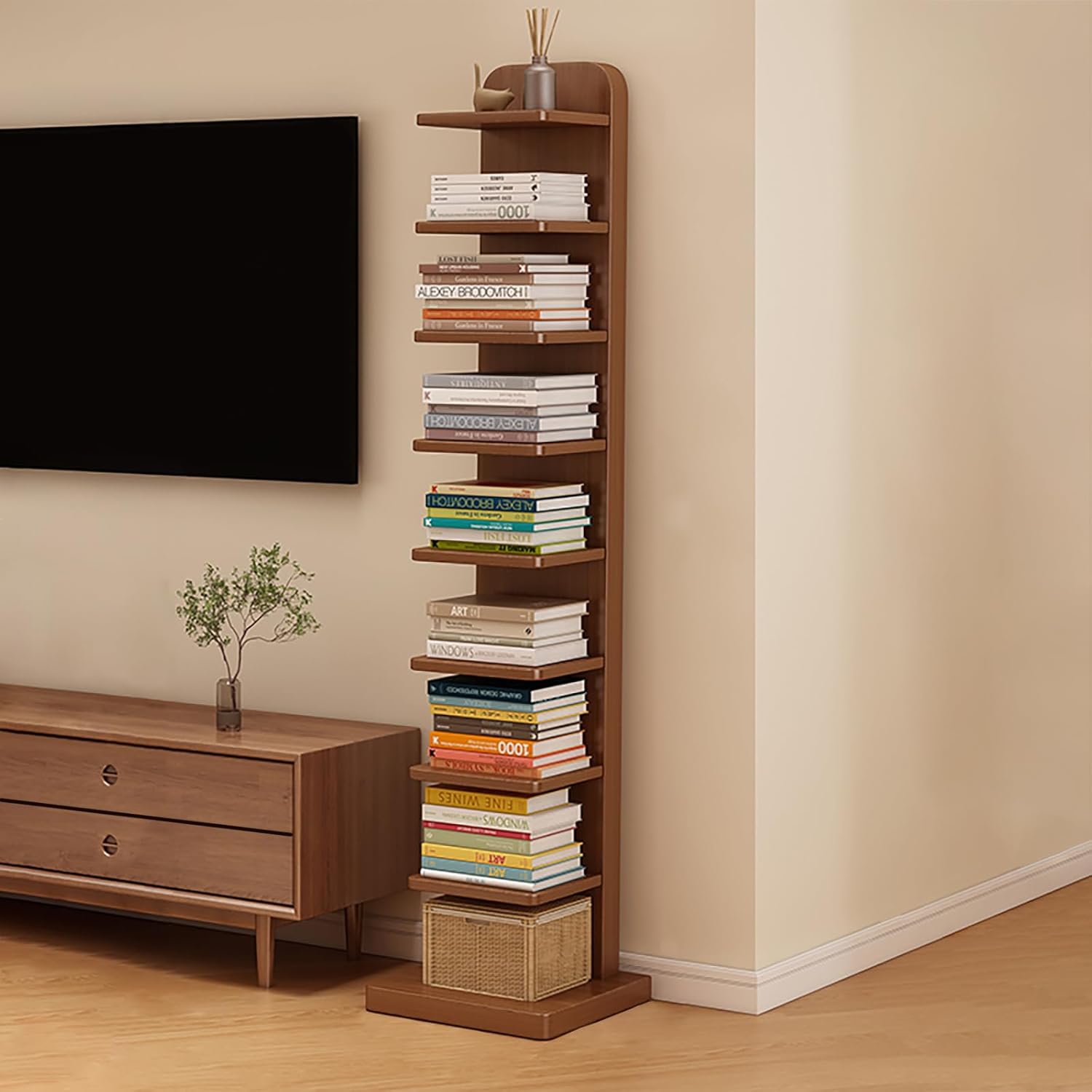SUZEPER Wooden Vertical Bookshelf, Free Standing Book Organizer Shelves, Spine Book Tower for Small Spaces, Invisible Floating Bookshelf Narrow Bookcase for Living Room Bedroom(9-Tier, Brown)