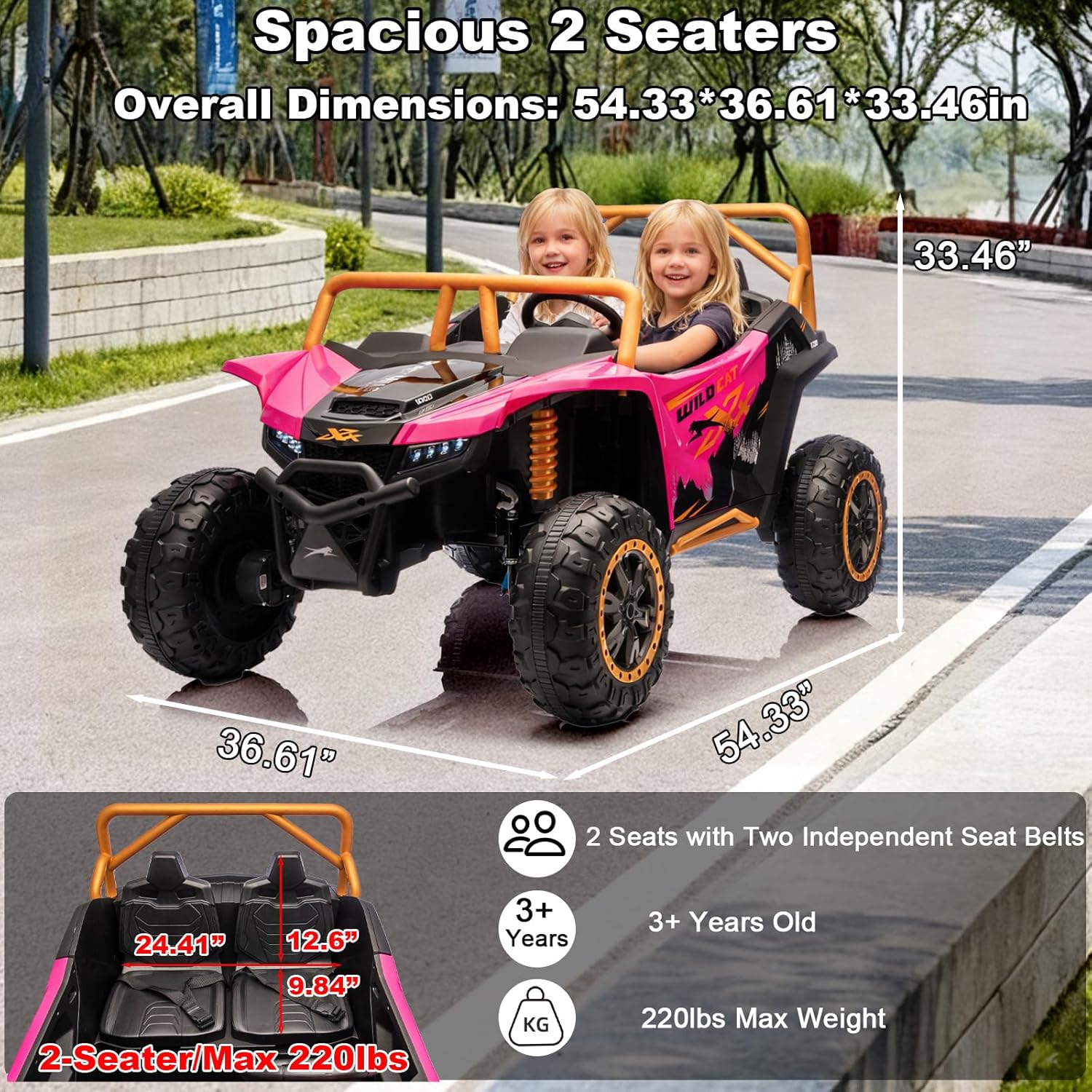 24V 4WD 10Ah 2-Seater Kids Ride On UTV XXXL with Parents Remote Control, 4X4 Off-Road Battery Powered Electric Toy Car Side by Side for Big Kids,4 Powerful Wheeler, Pink