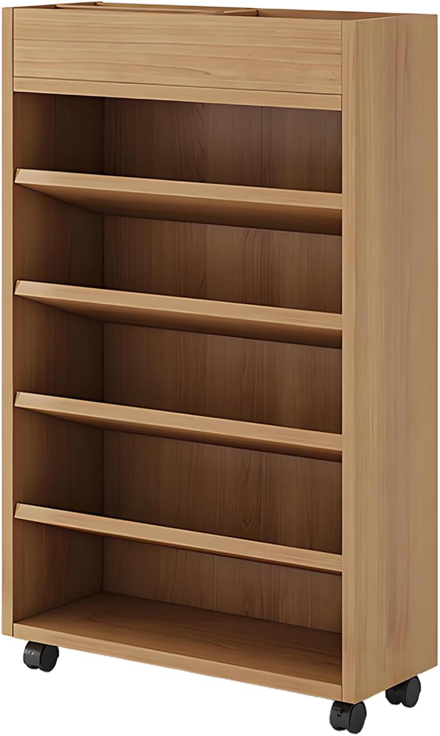 FIOTKXST Small Book Shelf, Wooden Mobile Bookshelf with Wheels, 5-Layer Slim Desk Storage Cabinet, Multi-Layer Storage Rack, Movable Display Cabinet for Living Room, Bedroom, Study, Game Room