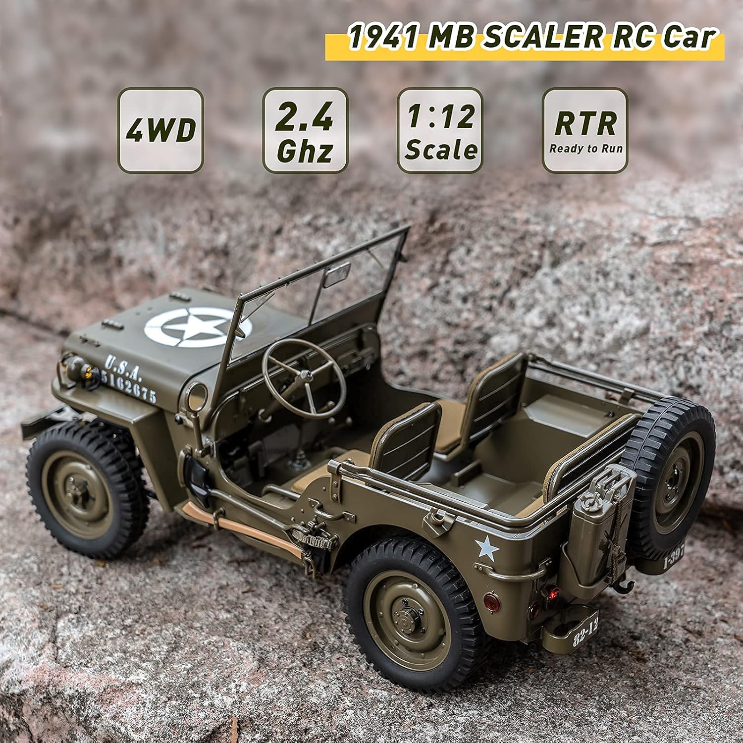 WOWRC RocHobby 1/12 1941 MB Scaler RC Jeep, 4x4 Hobby Grade RTR RC Car Mini RC Rock Crawler Military, 2.4Ghz RC Truck with LED Lights, Battery and USB Charger for Adults
