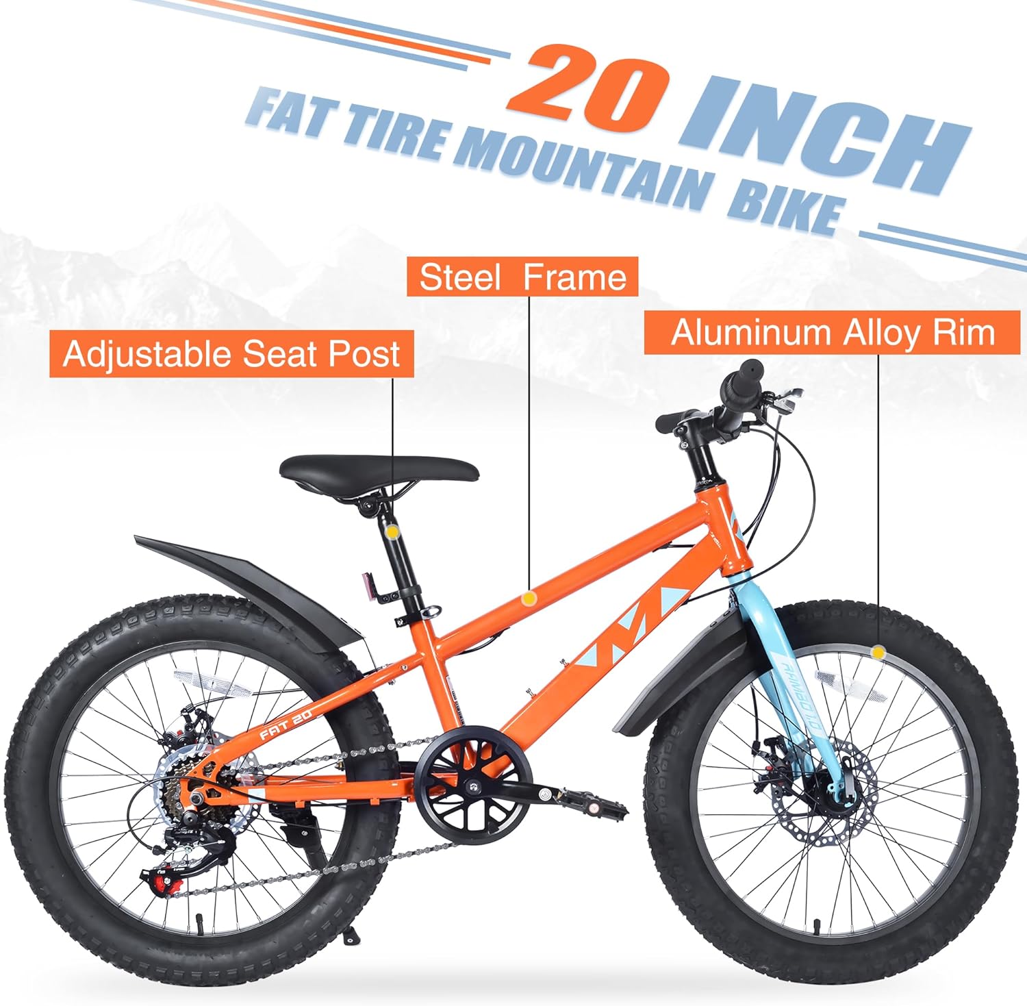 20 inch Fat Tire Kids Bike for Boys & Girls Ages 5-12, 7-Speed Gears, Dual-Disc Brake, Beach & Snow Mountain Bicycle, Multiple Colors