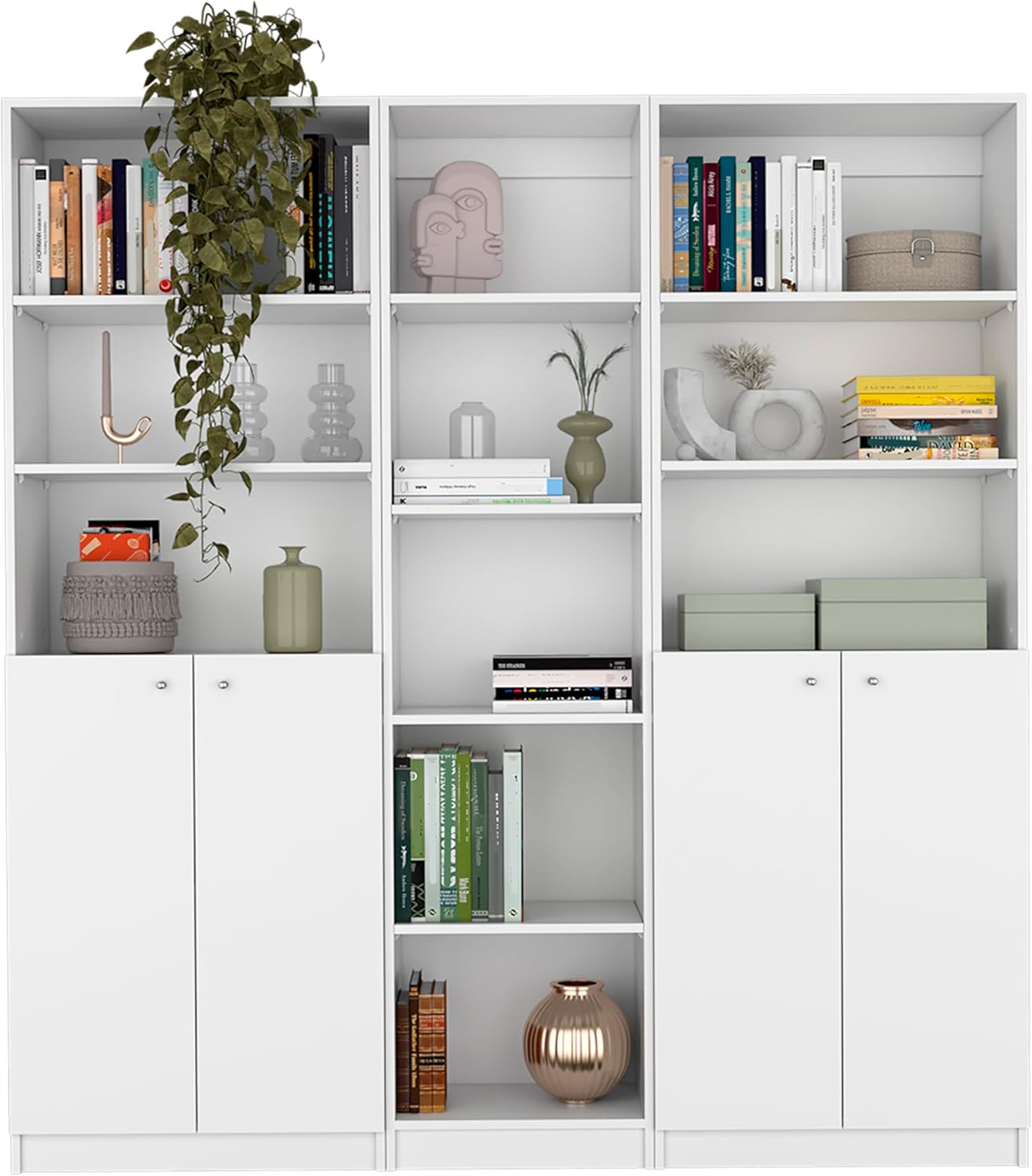 agnixnaf White Finish Bookcase Set of 3 with 8 Shelves, 2 Lower Double Doors, Rectangular Bookshelves, Modern, for Office, Bedroom, Living Room, Study Room