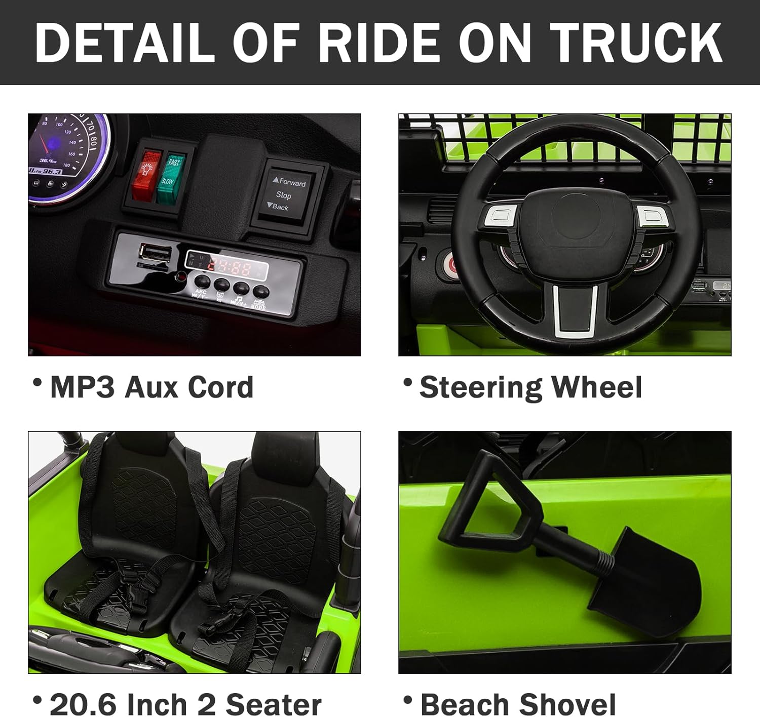 OTTARO 2 Seater Ride on Car Truck, 12V Electric Vehicle Car for Kids 3-8 Years, 20 Inch Seater, 2x100W Motors, 4 Shock Absorbers, Music Play,Bright Light, Remote Control(Green)