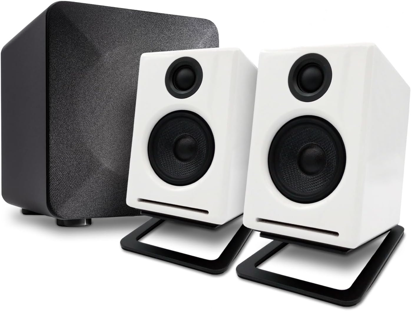 Audioengine A2 White Computer Speakers with 210W S6 Subwoofer and DS1M Stands