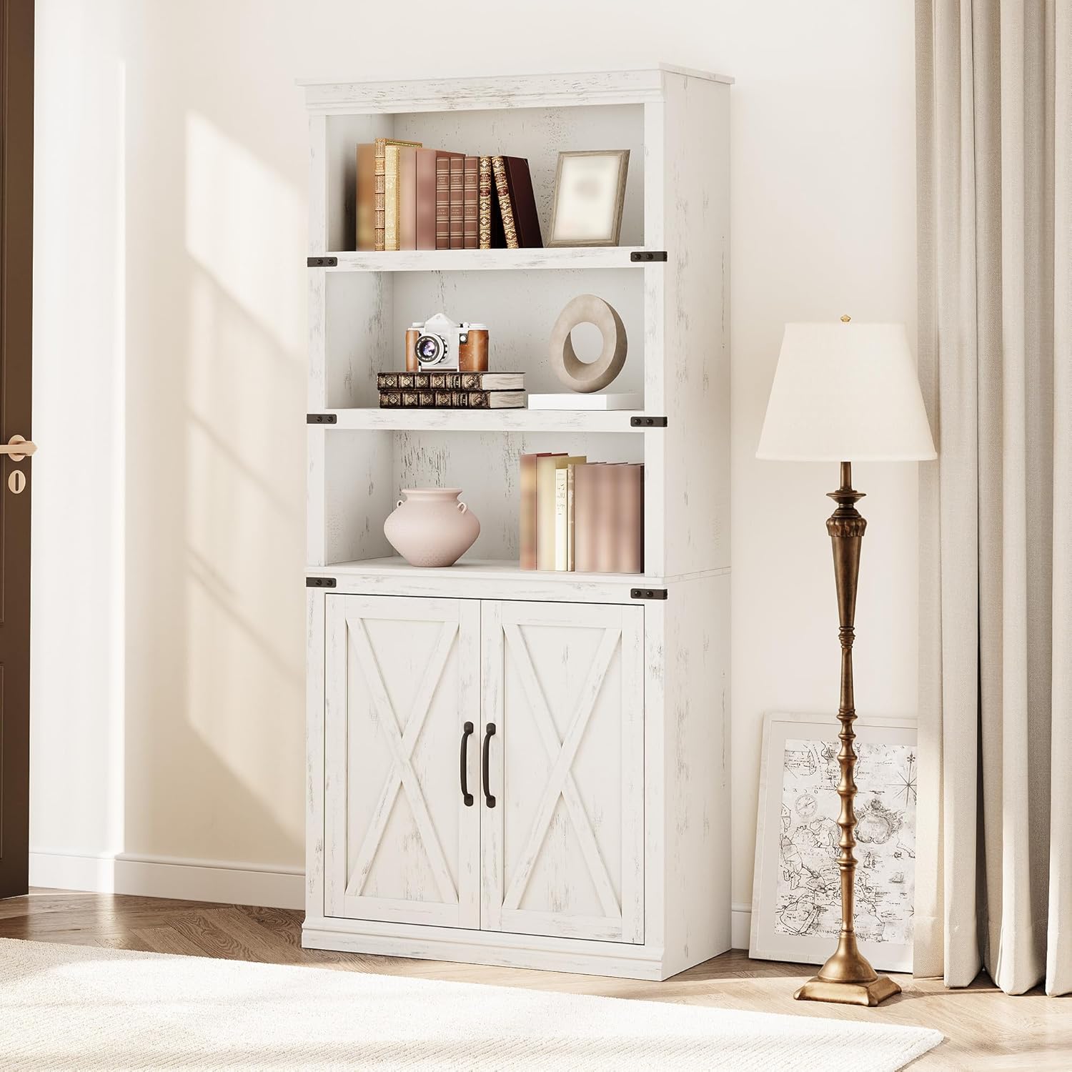 LALFPET Compact 5 Tier Bookcase, Farmhouse Wood Bookshelves with Open Shelves & Doors, Vintage Display Cabinet for Living Rooms, Bedrooms, Apartments, Offices, White