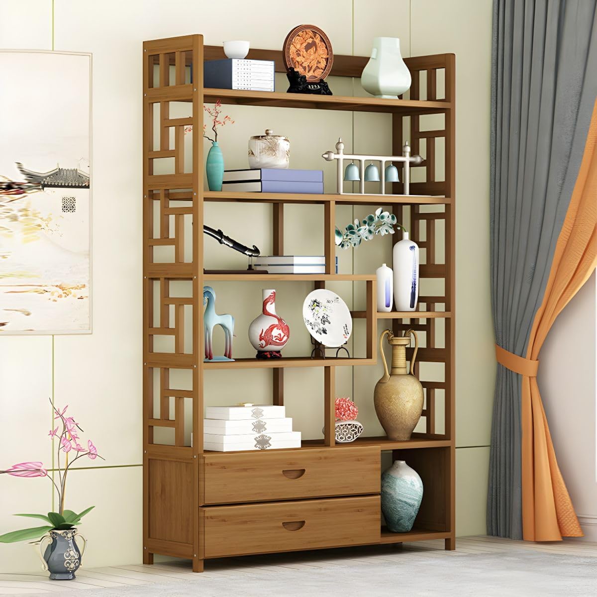 KWOKING Bamboo Floor Shelf Bookcase Open Book Shelf Study Room New Chinese Style Wine Display Cabinet Antique Decoration Cabinet Tea Set Rack Bookshelf with 2 Drawers 39.4