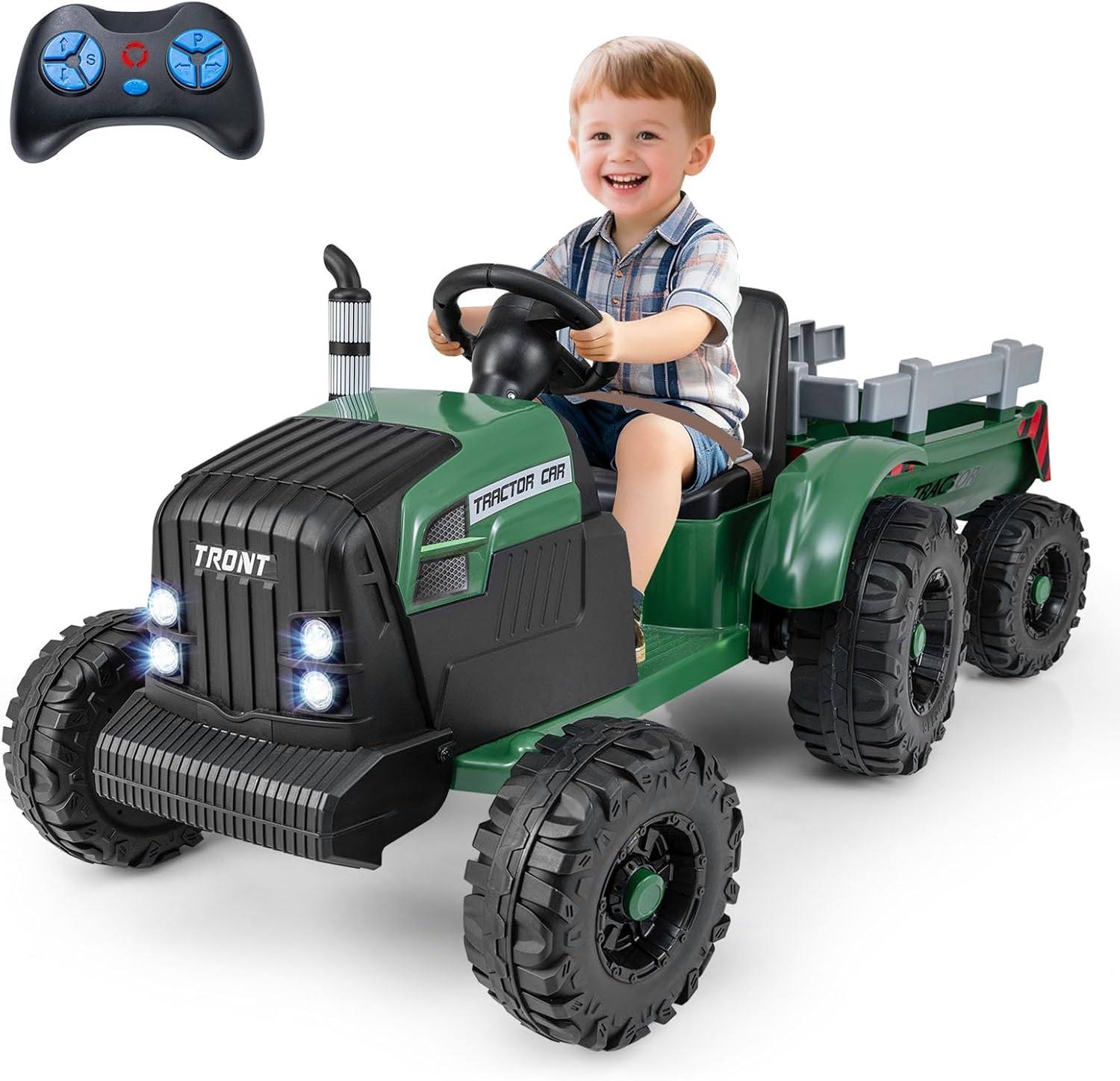 Costzon 24V Ride on Tractor with Detachable Trailer, Kids' Electric Vehicles with 3 Speeds, 15° Climbing, Wireless Design, Horn & Music, Remote Control Tractor Toy for Kids 3+,Gift (24V, Deep Green)