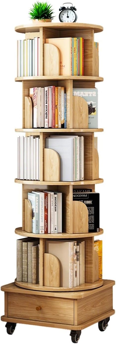 Prozora 6 Tier Rotating Bookshelf, 360° Rotating Wood Bookshelf Tower with Drawer & Wheels, Tall Spinning Wood Book Shelf Tower to Small Space, Spinning Bookshelves for Bedroom, Living, Home, Office