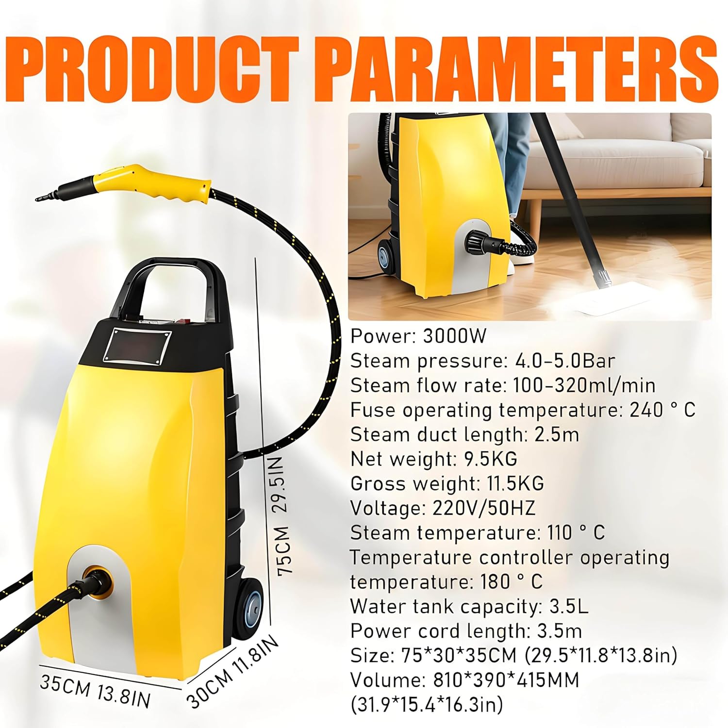 Multi-Purpose High Temp Steam Continuous Cleaner, Steam Cleaners, 3.5L Large Water Tank Steamer with 2500W Power Instant 40-Second Heat-Up