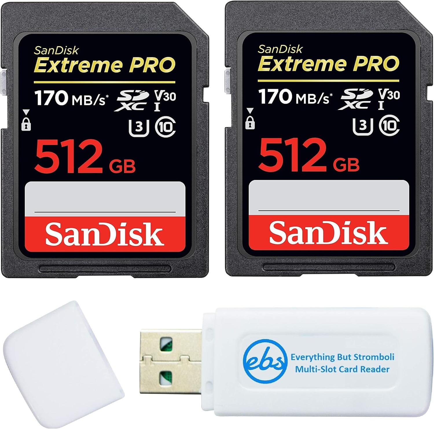 SanDisk Extreme Pro Memory Card 512GB SD Card (Two Pack) for Cameras, Computers 4K UHD UHS-I U3 Class 10 (SDSDXXY-512G-GN4IN) Bundle with (1) Everything But Stromboli MicroSD & SD Memory Card Reader