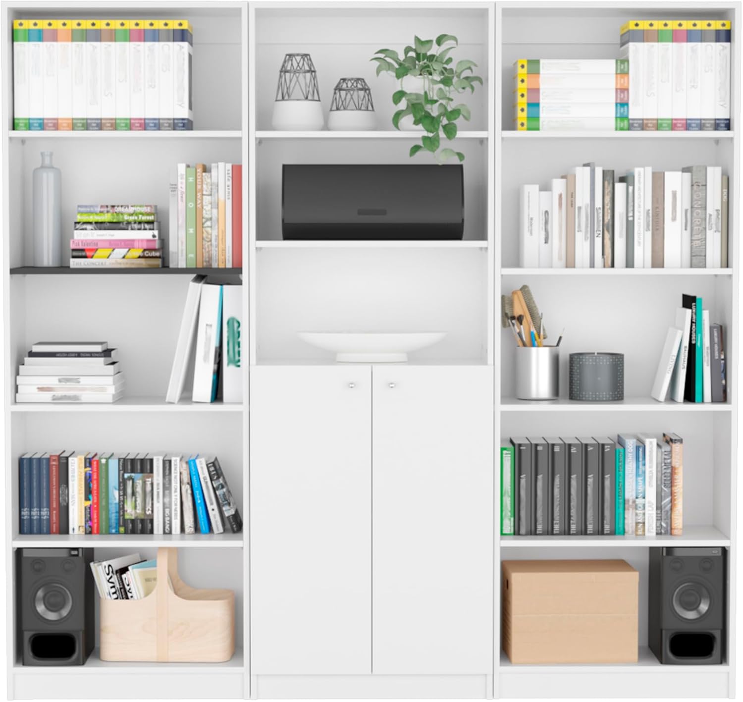 agnixnaf White Bookshelves Set of 3 with 10 Shelves, Lower Double Door, Rectangular Bookcase, Modern, for Office, Bedroom, Living Room, Study Room