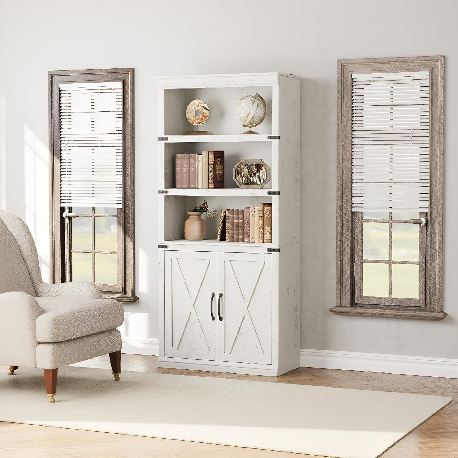 Amenitlif Vintage Bookcase with 2 Doors, Book Case with Cabinet & Open Shelf, Freestanding Storage Book Case, Modern Bookcase, for Home Office Living Room Bedroom