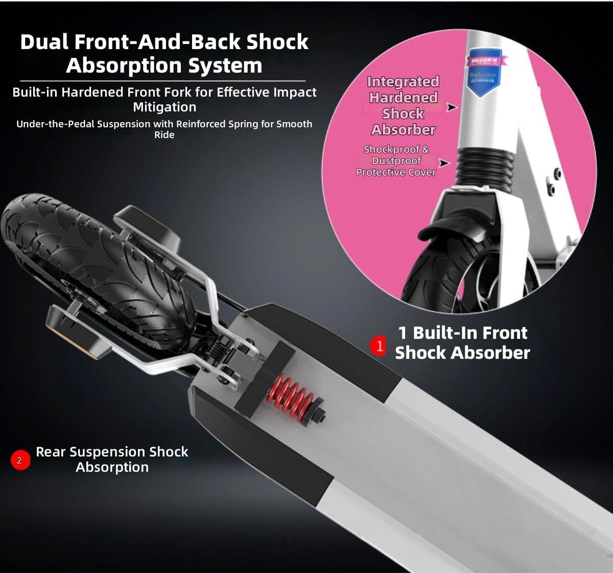 Big Wheels Kick Scooter, Foldable Lightweight Scooter with Adjustable Handlebar, Shock Absorption, Perfect for Kids Ages 6, Teens, Adults (White, L98xW14.5cm, H:87-109cm)