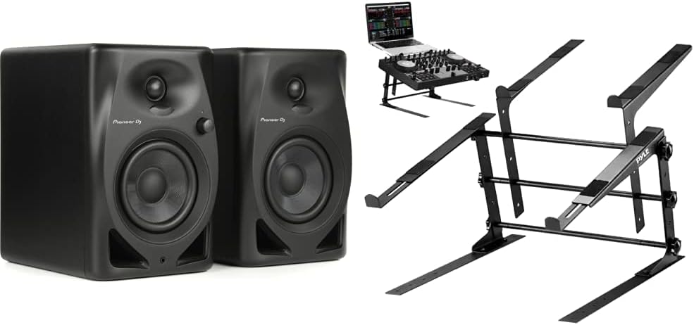 Pioneer DJ DM-40D 4-inch Desktop Active Monitor Speaker (Black) and Pyle Portable Dual Laptop Stand