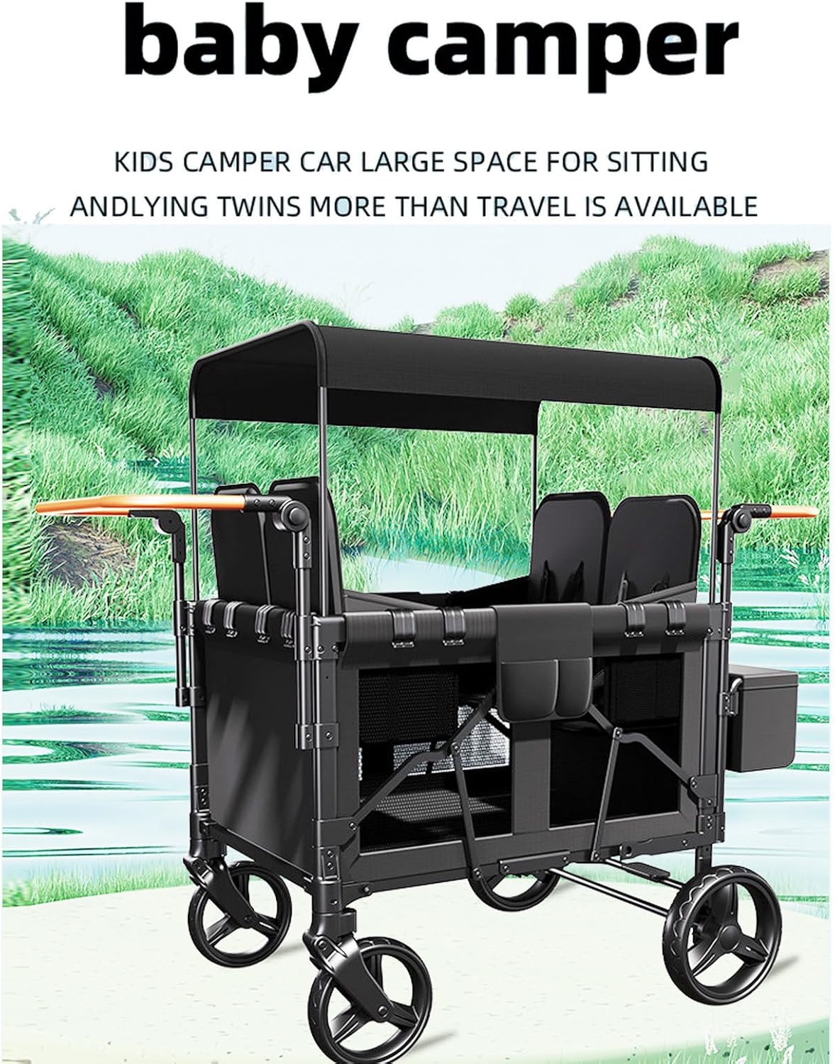 Foldable Double Push Bar Stroller Wagon Featuring 4 High Seat for 4 Kids,Kids Wagon Stroller,5-Point Harness & Storage Organizer,for Outdoor Trips,for 0-6 Years Grey