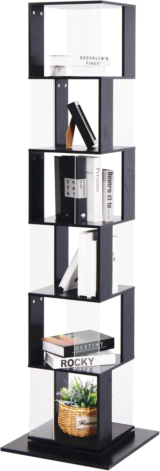 AJLDN Rotating Bookshelf Spinning Bookcase Tower Large Capacity Corner Bookshelves and Bookcases 6-Tier Floor Rack with Acrylic Plate Multi-Function Creative Storage for Living Room Student,Black