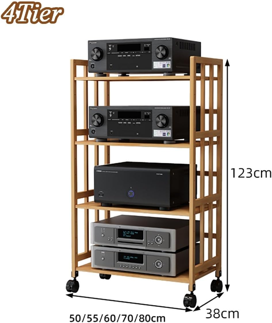 GenSDH Stereo Cabinet 4Tier Av Media Tower with Wheels Home Theater Audio Rack Cd Storage Stand Floor Stand for Home Stereo System Modern Entertainment Furniture