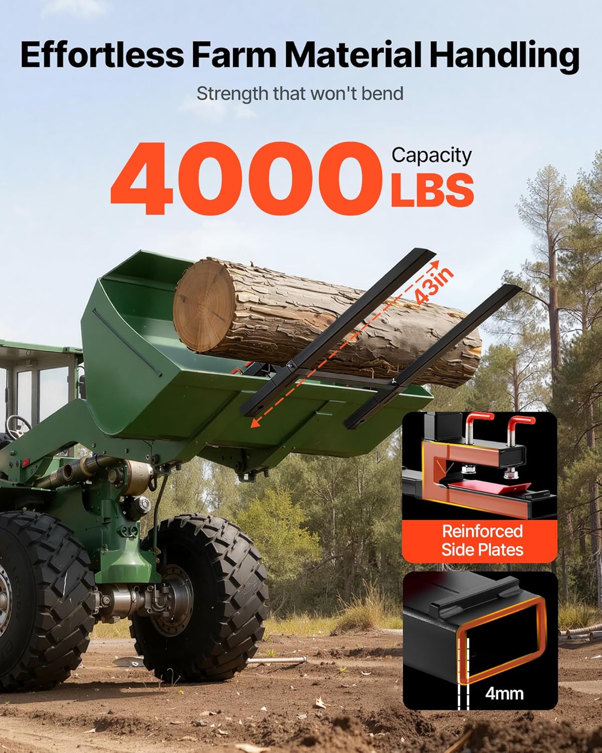 VEVOR Pallet Forks, 4000 lbs Clamp on Pallet Forks, 60-Inch Total Length Heavy-Duty Tractor Fork with Anti-Tilt Bar & Adjustable Stabilizer Bar, Fit for Loader Bucket Skid Steer Tractor, Black