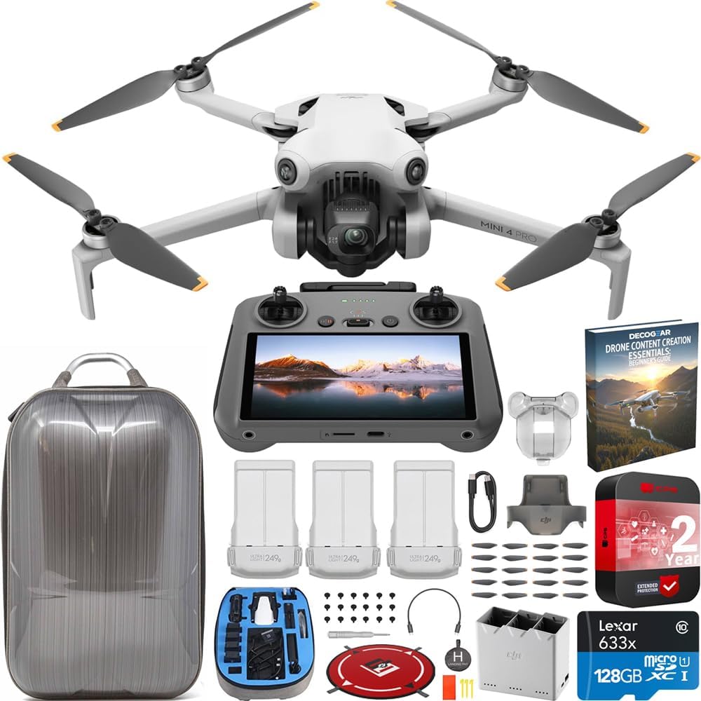 DJI Mini 4 Pro Folding Drone with RC 2 Remote (Screen) Fly More Combo, 4K Video Camera, Under 249g, 3 Battery Bundle with Deco Gear Hard Case Backpack +Content Creation Beginner's Guide & Accessories