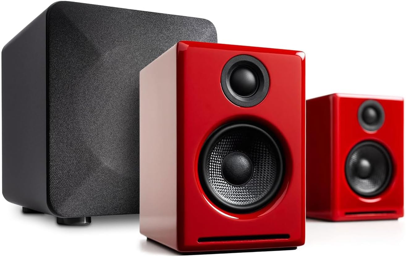 Audioengine A2 Red Pc Speakers for Desktop and S6 Gray Subwoofer for Music Gaming Movies Studios Dorms Bedrooms Offices