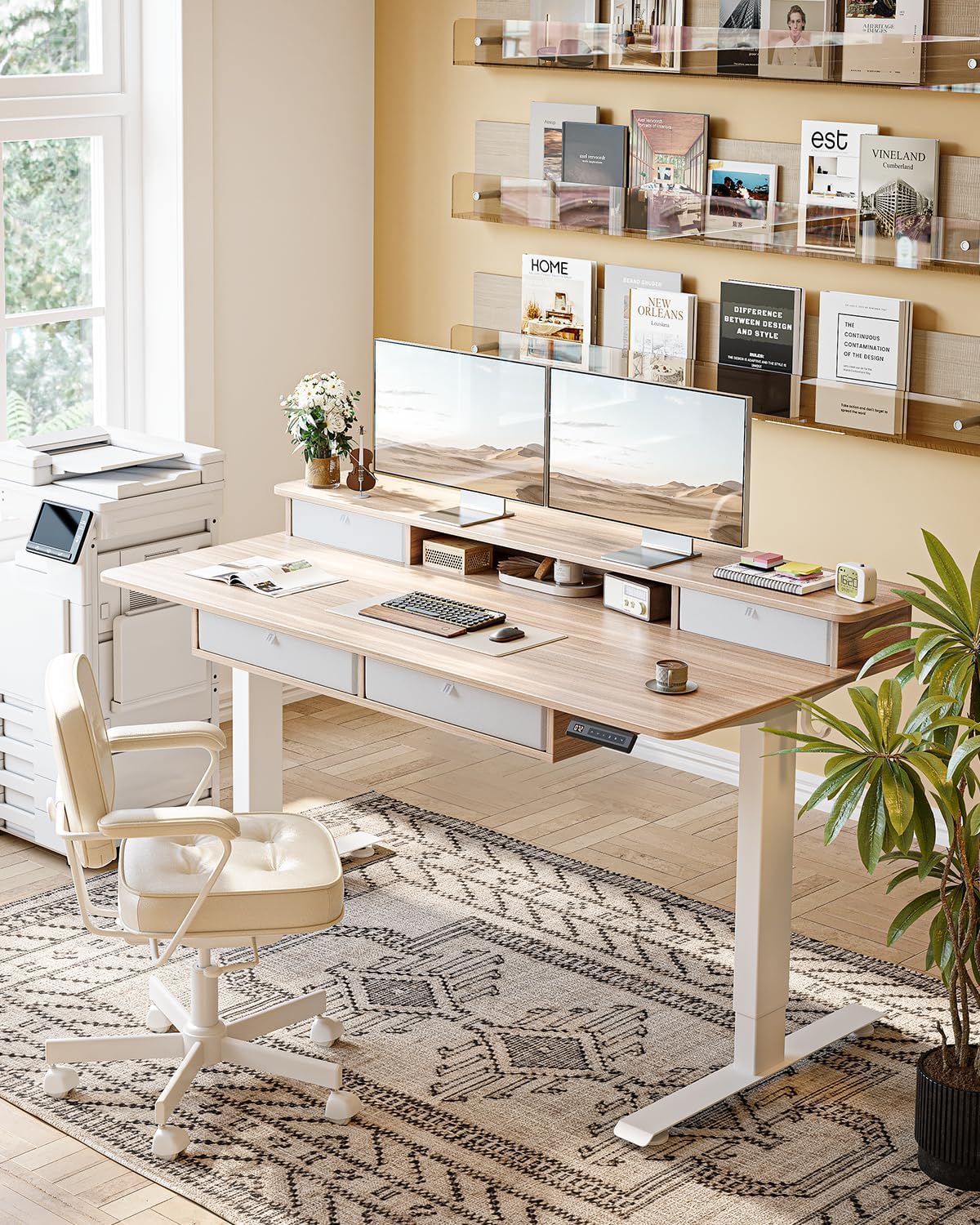 FEZIBO 60 x 30 inch Standing Desk with Drawers, Height Adjustable Electric Workstation, Computer Sit Stand Up Table with Large Storage Shelf 4 Drawers and 2 Hooks, Light Rustic Brown