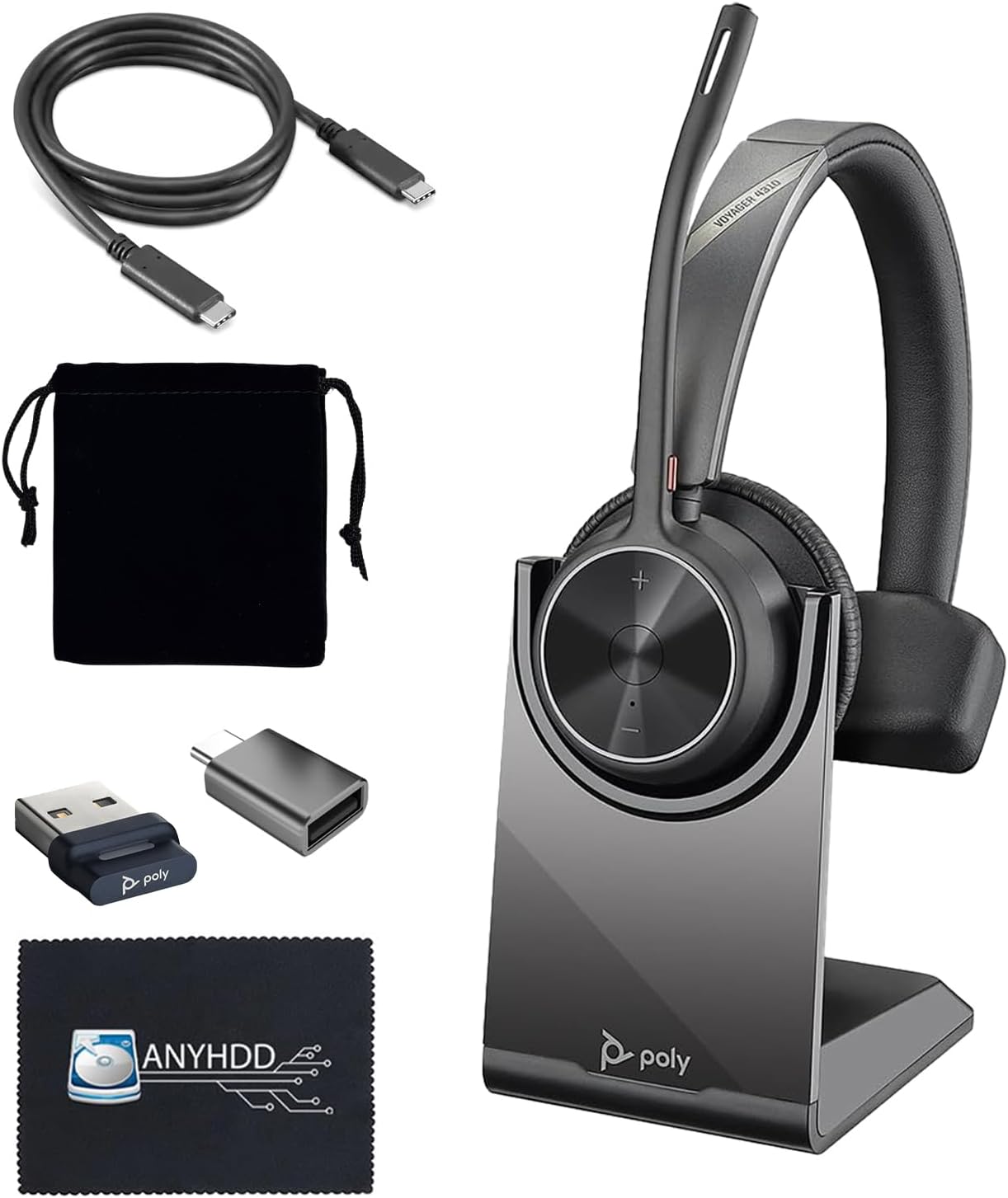 Poly Voyager 4310 UC Wireless Headset + Charge Stand - Connect to PC/Mac & Cell Phone, Single-Ear Headset with Mic + Charging Station + USB A to C Adapter + USB C-C Cable + Pouch + Microfiber Cloth