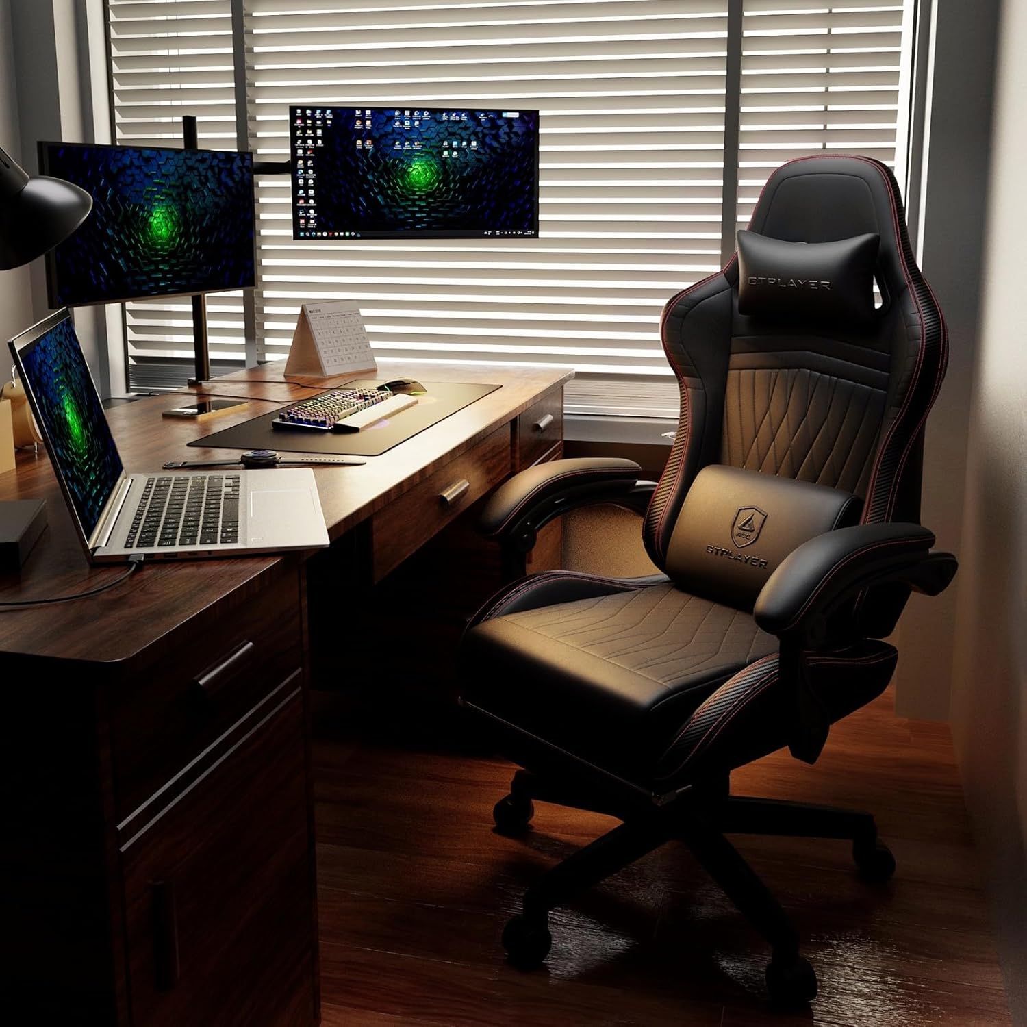 GTPLAYER ACE-PRO Music Gaming Chairs – Built-in Speakers, App Support & Bluetooth Control, Computer Game Chairs with Footrest for Adults, Ergonomic, Reclining, Linkage Armrest, Black & Red Stitch