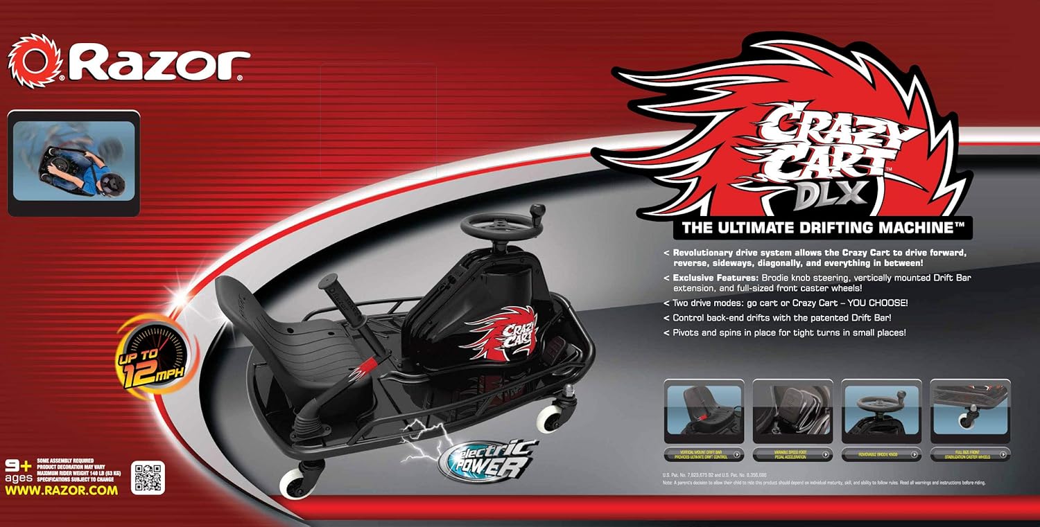 Razor Crazy Cart DLX - 24V Electric Drfting Go Kart - Enhanced Drift Bar, Brodie Knob Steering, Variable Speed, Up to 12 mph,Black/Red
