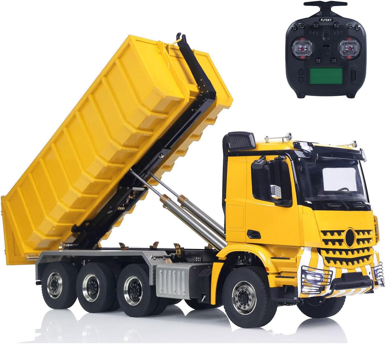 1/14 RC Hydraulic Dumper Truck 8X8 Roll On Off Full Dumper Car Rear Axle Steering Light Sound I6S Radio Controller(Yellow)