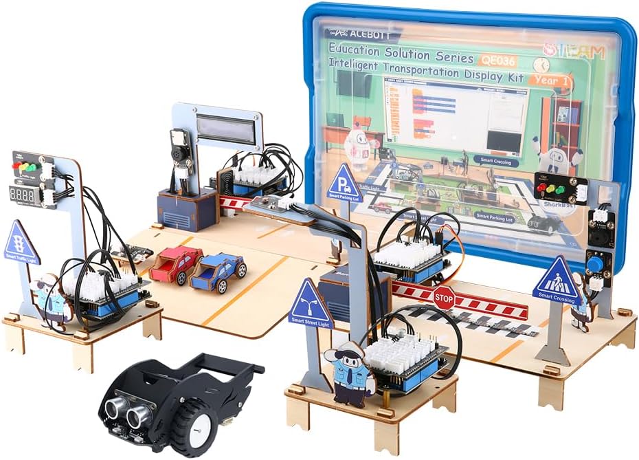 ACEBOTT Intelligent Transportation Kit + SharkBot, 2 in 1 Smart Robot Car Kit Compatible with Arduino & Scratch, STEM Toys Coding Robot Kit for STEM Classroom & Home Education,Gifts for Kids and Teens