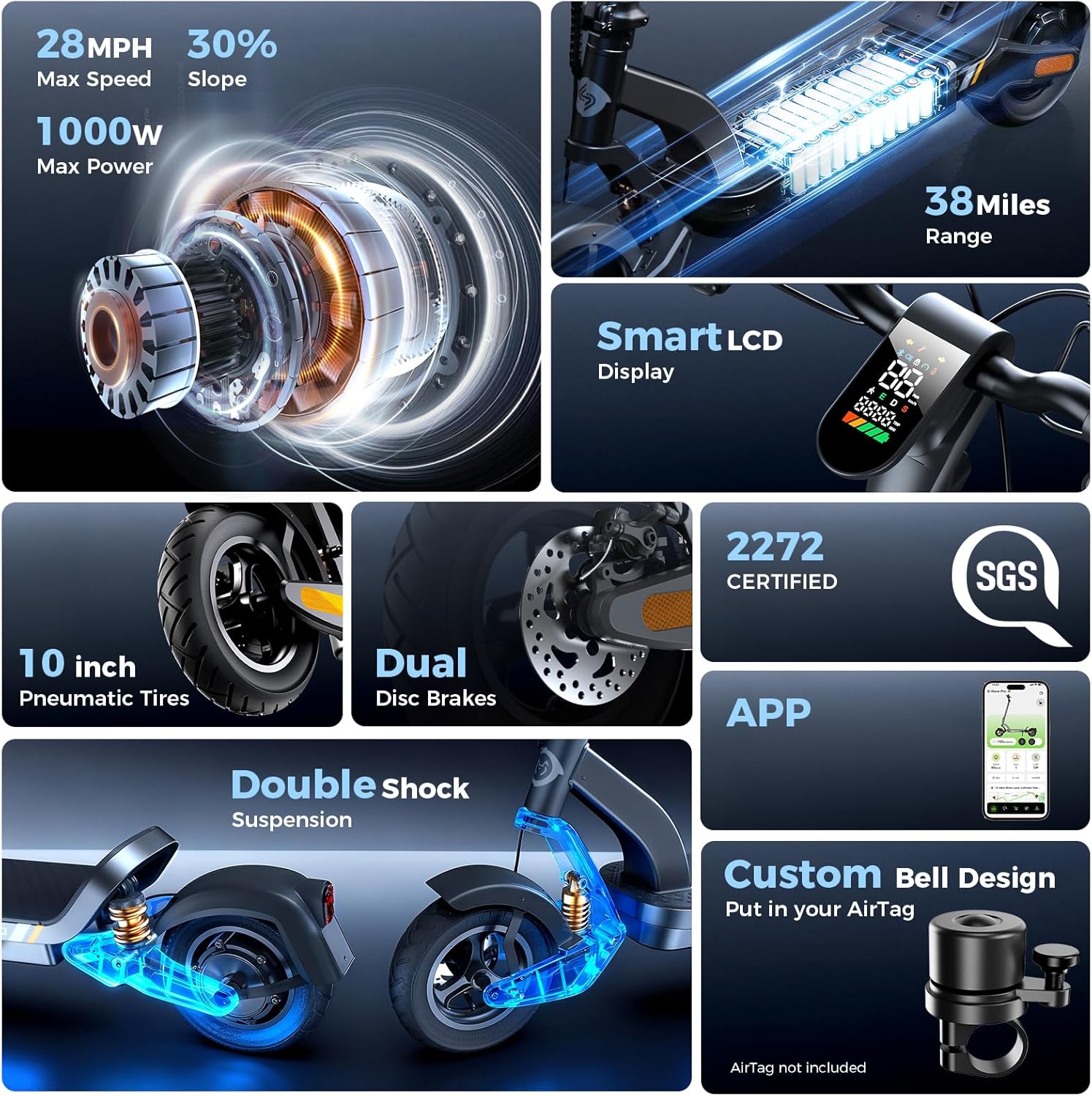 isinwheel S-Nova Electric Scooter Adults – 19/38 Miles Long Range, 600/1000W Peak Power, 20/28 MPH Top Speed, 8.5