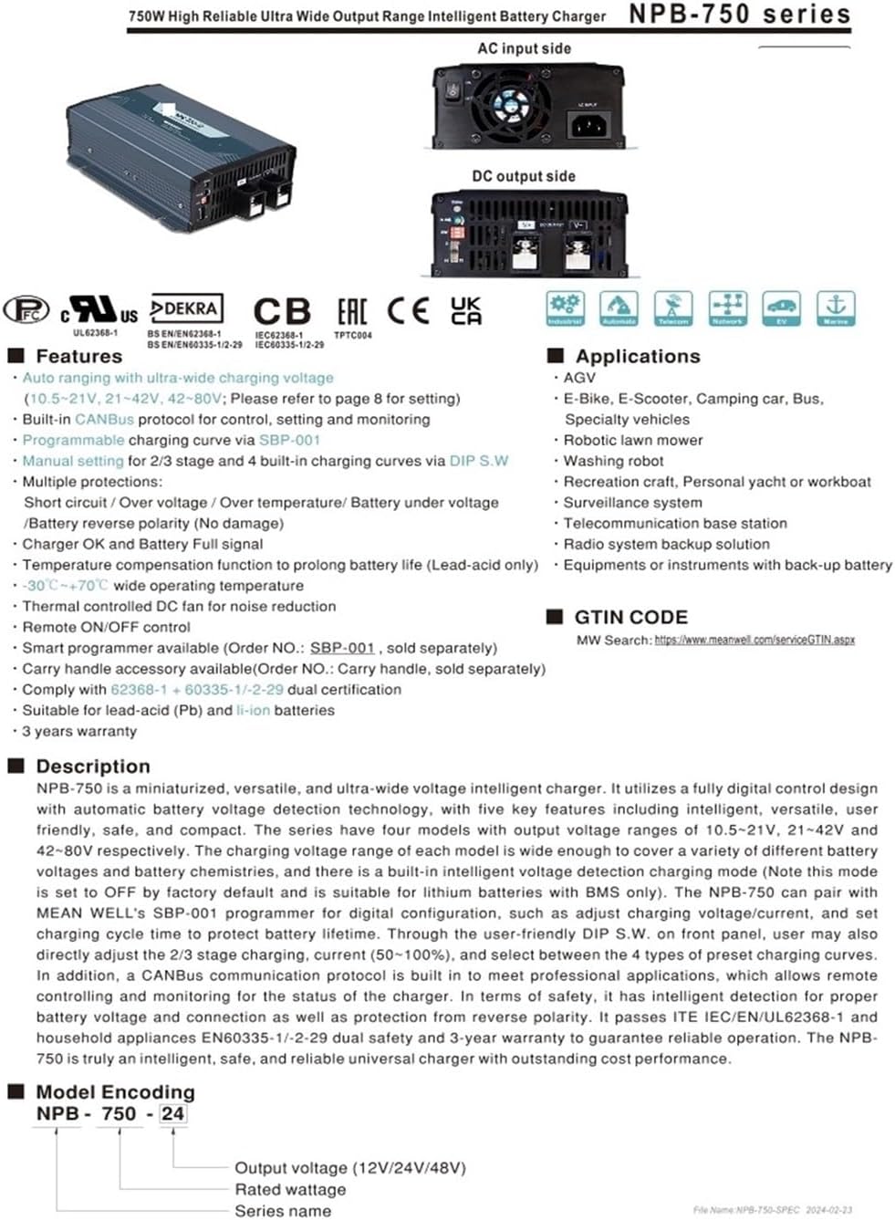 1200W Wide Output Battery Charger NPB-1200-12 NPB-1200-24 NPB-1200-48(NPB-750-48)